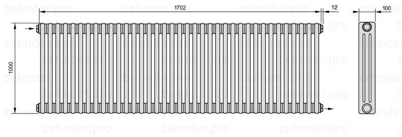 Схема (чертеж) Радиатор Zehnder Charleston 3100/37 №1670 Белый глянцевый RAL 9016